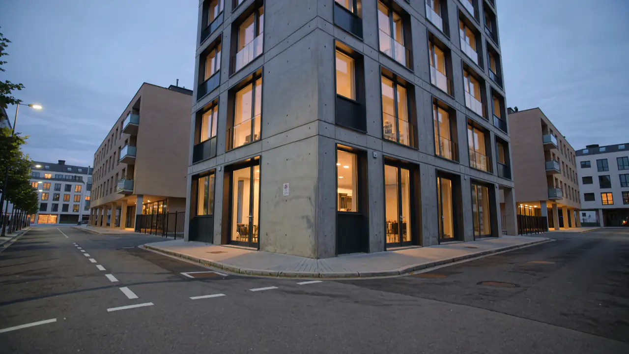 Edificio residenziale ultimato all'ora blu: le finestre si accendono una dopo l'altra sulla facciata.