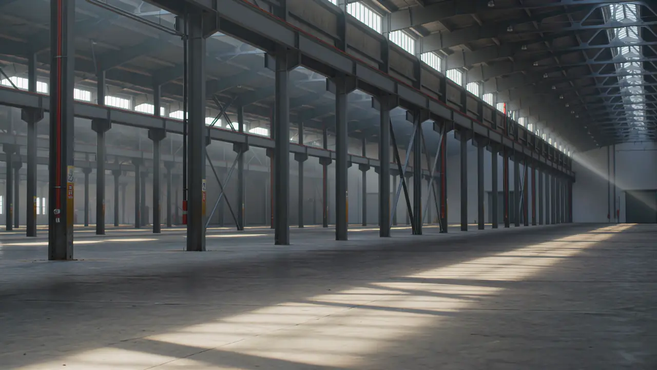 Interno di un capannone industriale con struttura in cemento nervata: i lucernari tagliano il pavimento con lame di luce.