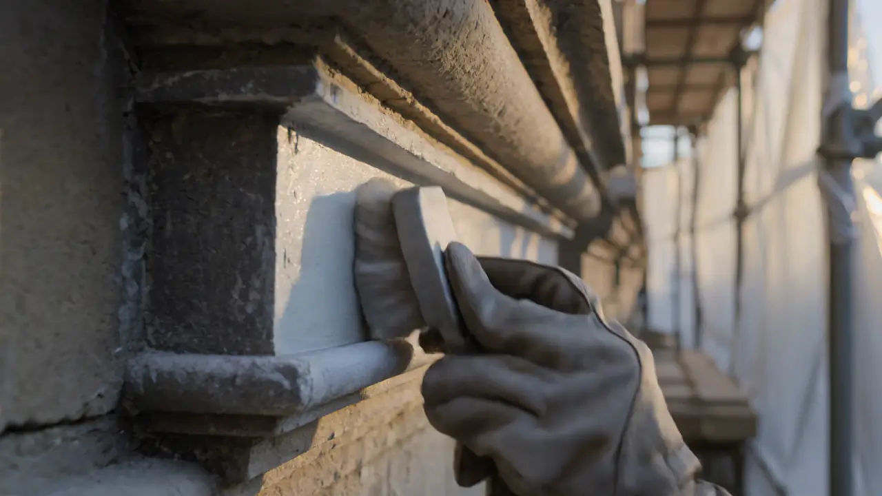 Mano guantata al lavoro sulla cornice in pietra di una facciata storica, dietro il telo traslucido di un ponteggio.