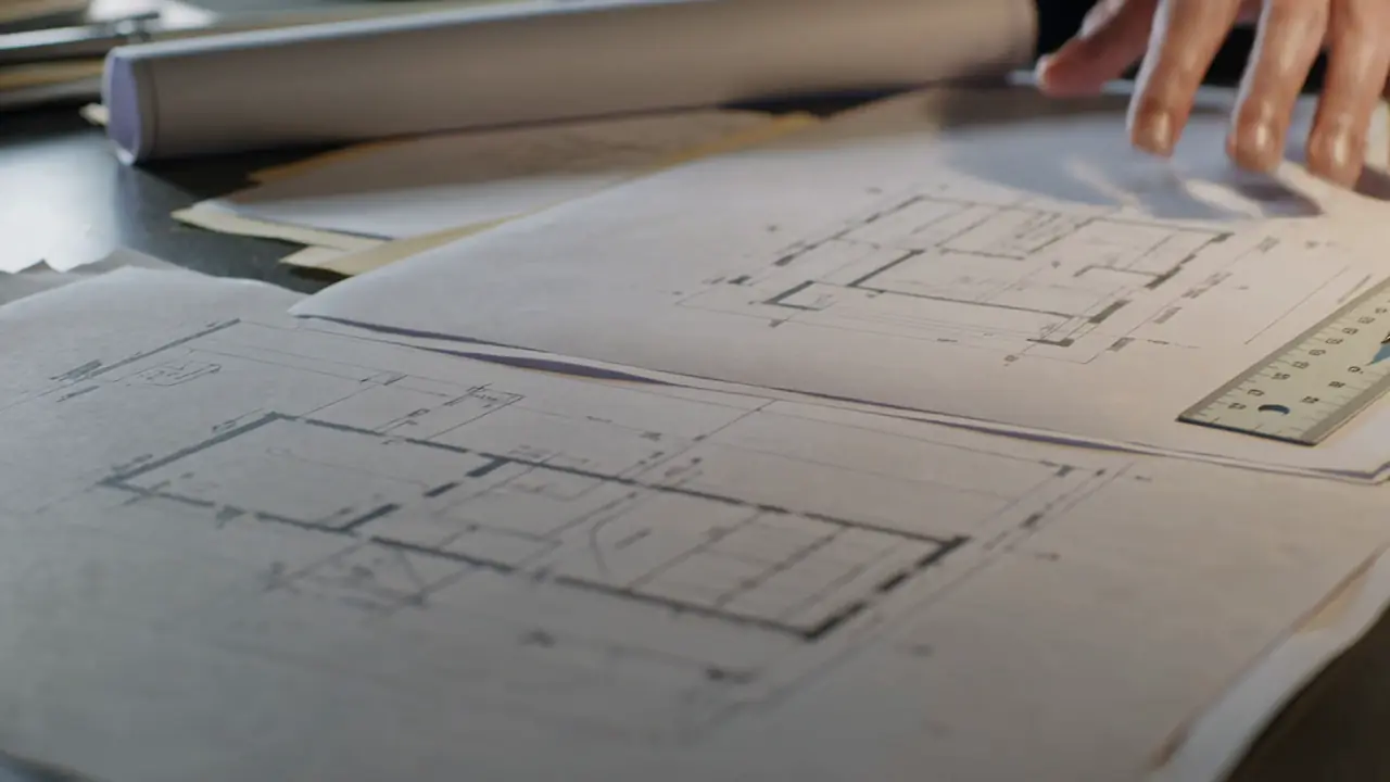 Tavola di progetto srotolata su un tavolo da disegno, con squadra, matita e rotoli accanto.