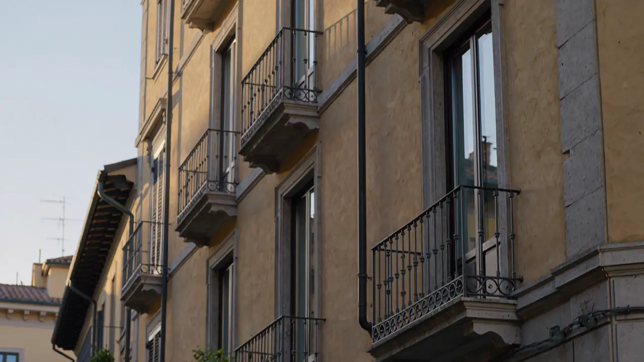 Facciata di un palazzo milanese con balconi in ferro battuto, ripresa dal basso nella luce calda del tardo pomeriggio.