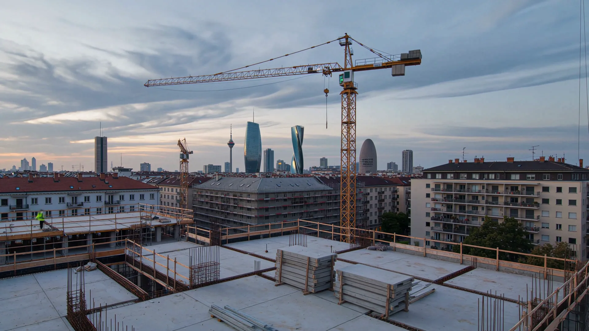 Time-lapse dello skyline di Milano visto da un cantiere in quota: operai al lavoro sulle solette in cemento armato, gru in movimento e i grattacieli della città che si stagliano all'orizzonte mentre la luce passa dall'alba alla sera.